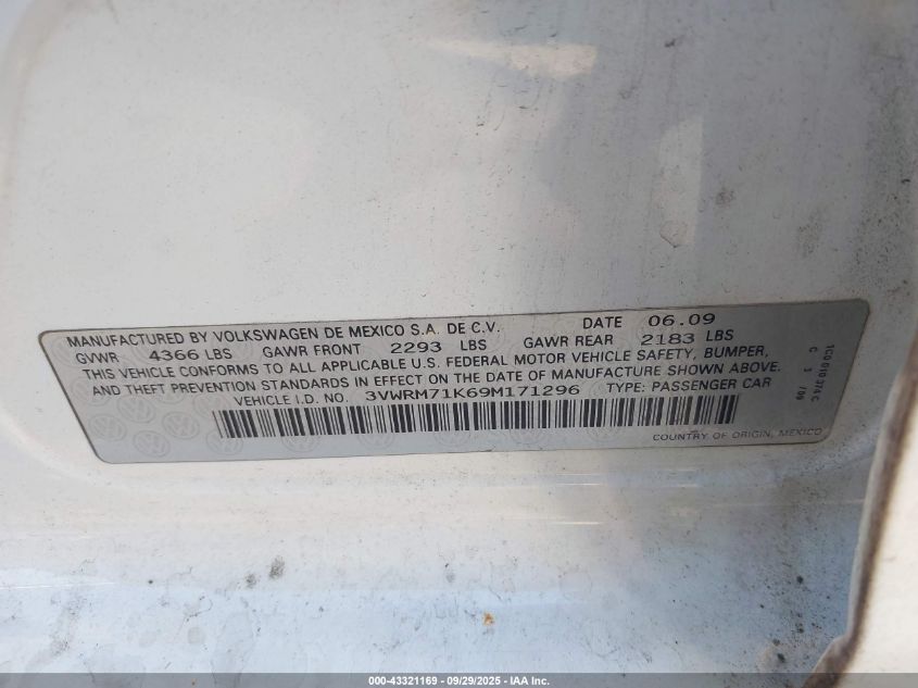 2009 Volkswagen Jetta Se VIN: 3VWRM71K69M171296 Lot: 43321169