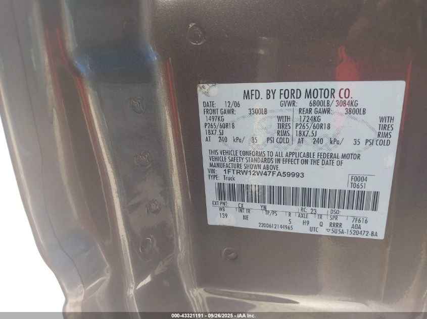 2007 Ford F-150 Xlt VIN: 1FTRW12W47FA59993 Lot: 43321191