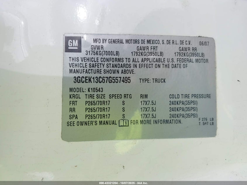 2007 Chevrolet Silverado 1500 Lt1 VIN: 3GCEK13C67G557495 Lot: 43321204