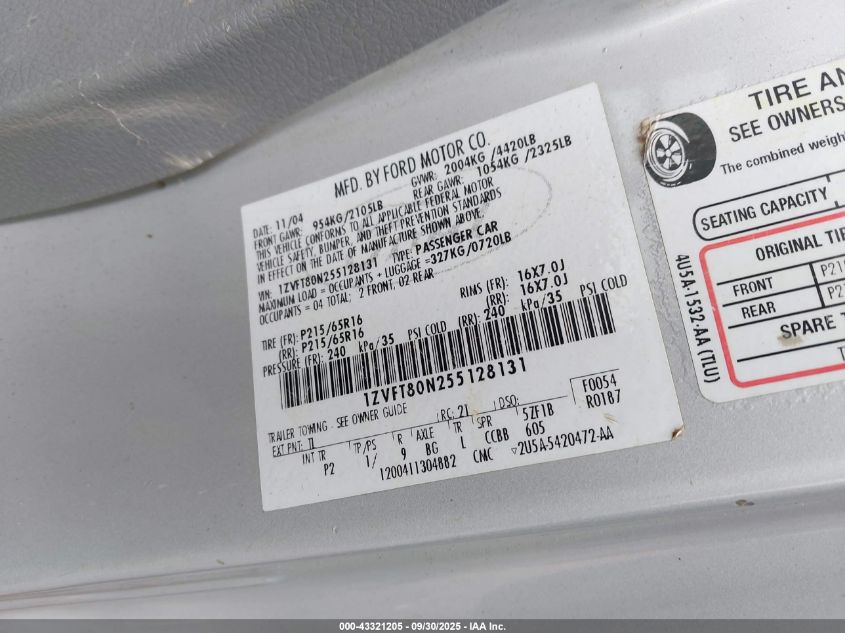 2005 Ford Mustang V6 Deluxe/V6 Premium VIN: 1ZVFT80N255128131 Lot: 43321205