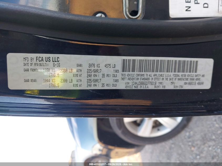 2016 Jeep Compass Sport VIN: 1C4NJDBB6GD779318 Lot: 43321217