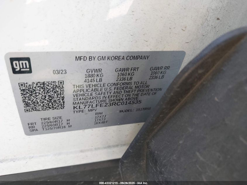 2024 Chevrolet Trax Fwd Sp VIN: KL77LFE23RC014535 Lot: 43321215