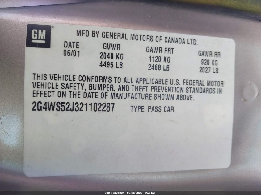 2002 Buick Century Custom VIN: 2G4WS52J321102287 Lot: 43321221