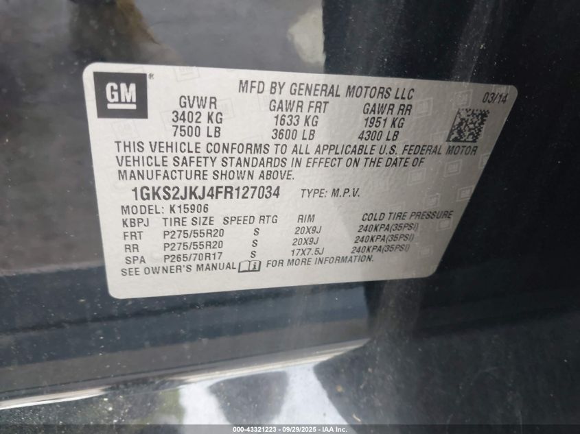 2015 GMC Yukon Xl 1500 Denali VIN: 1GKS2JKJ4FR127034 Lot: 43321223
