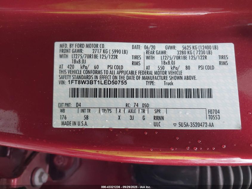 2020 Ford F-350 Lariat VIN: 1FT8W3BT1LED50755 Lot: 43321236