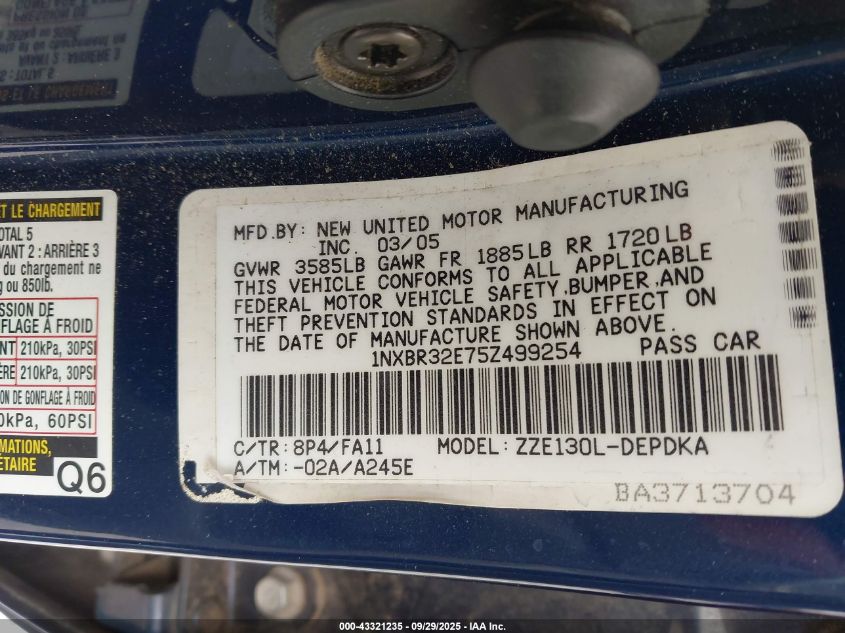 2005 Toyota Corolla Ce VIN: 1NXBR32E75Z499254 Lot: 43321235