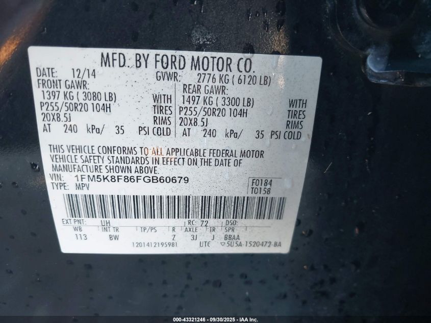 2015 Ford Explorer Limited VIN: 1FM5K8F86FGB60679 Lot: 43321246