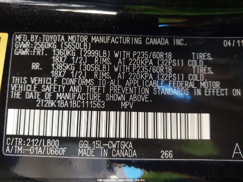 2011 Lexus Rx 350 VIN: 2T2BK1BA1BC111563 Lot: 43321260