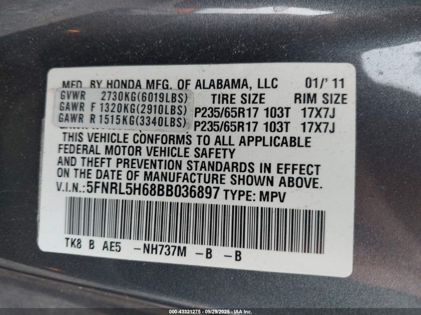 2011 Honda Odyssey Ex-L VIN: 5FNRL5H68BB036897 Lot: 43321275