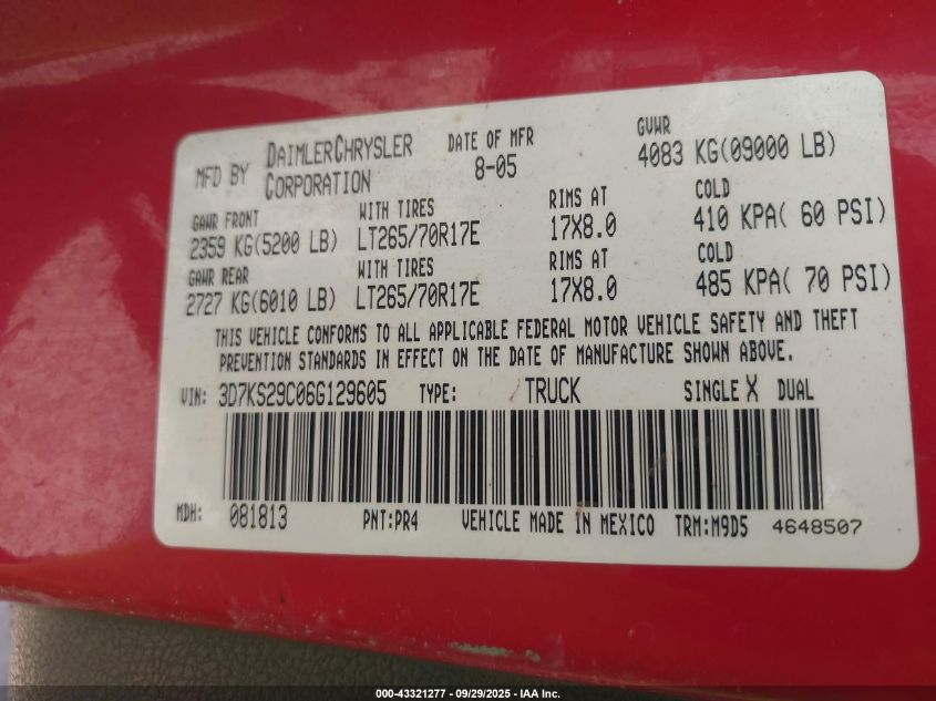 2006 Dodge Ram 2500 Slt VIN: 3D7KS29C06G129605 Lot: 43321277