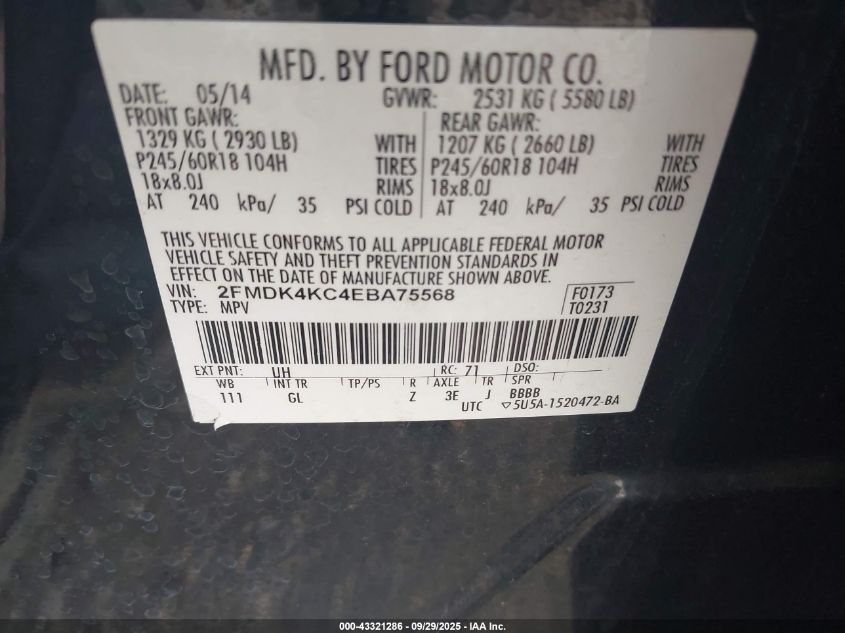 2014 Ford Edge Limited VIN: 2FMDK4KC4EBA75568 Lot: 43321286