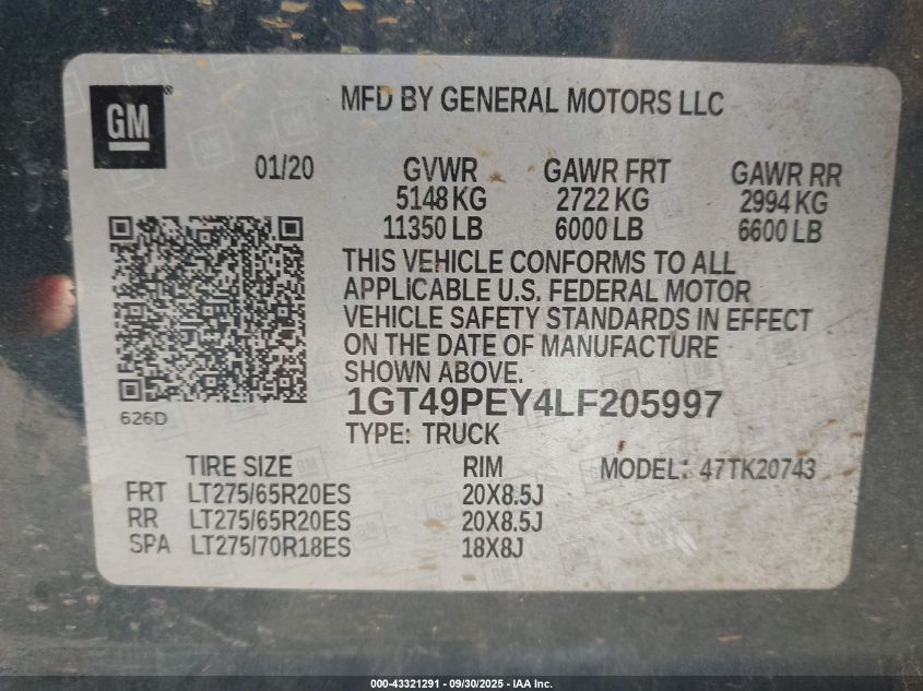 2020 GMC Sierra 2500Hd 4Wd Standard Bed At4 VIN: 1GT49PEY4LF205997 Lot: 43321291