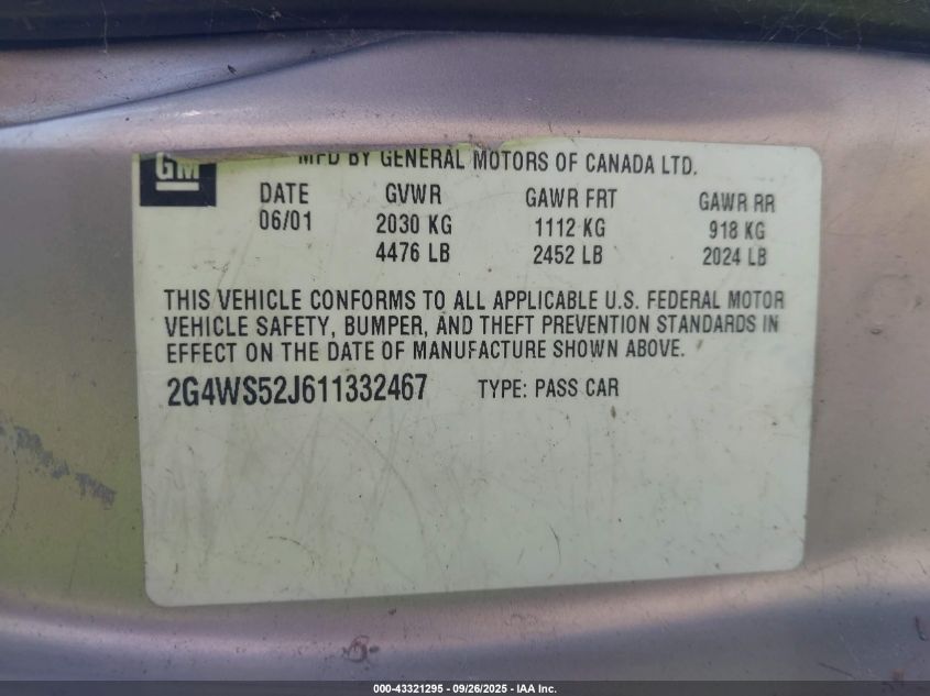 2001 Buick Century Custom VIN: 2G4WS52J611332467 Lot: 43321295