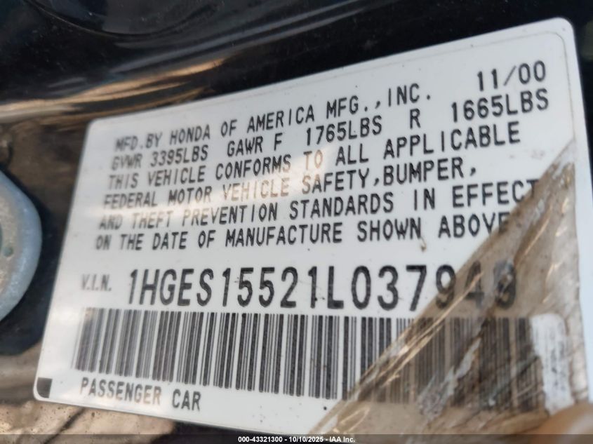 2001 Honda Civic Lx VIN: 1HGES15521L037949 Lot: 43321300