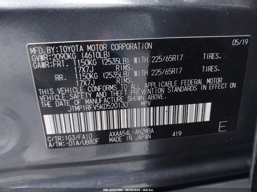 2019 TOYOTA RAV4 XLE - JTMP1RFV5KD520130