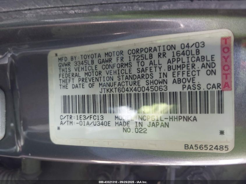 2004 Scion Xa VIN: JTKKT604X40045063 Lot: 43321310