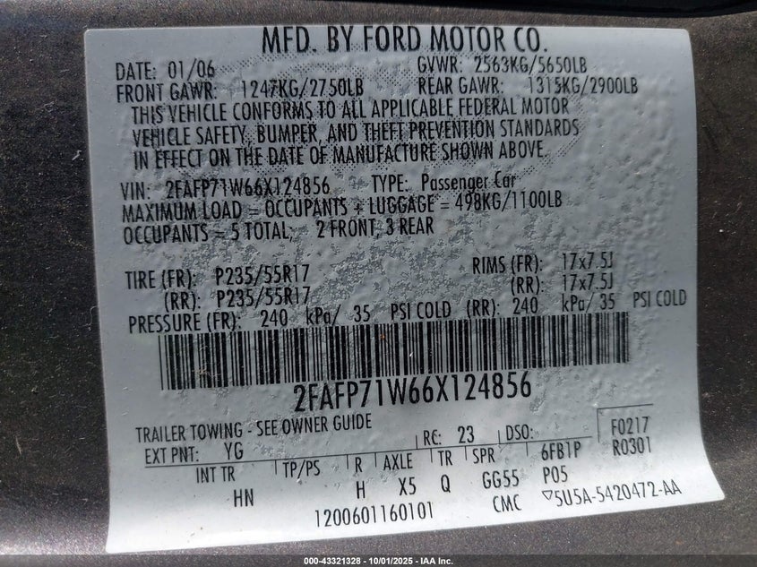 2006 Ford Crown Victoria Police/Police Interceptor VIN: 2FAFP71W66X124856 Lot: 43321328