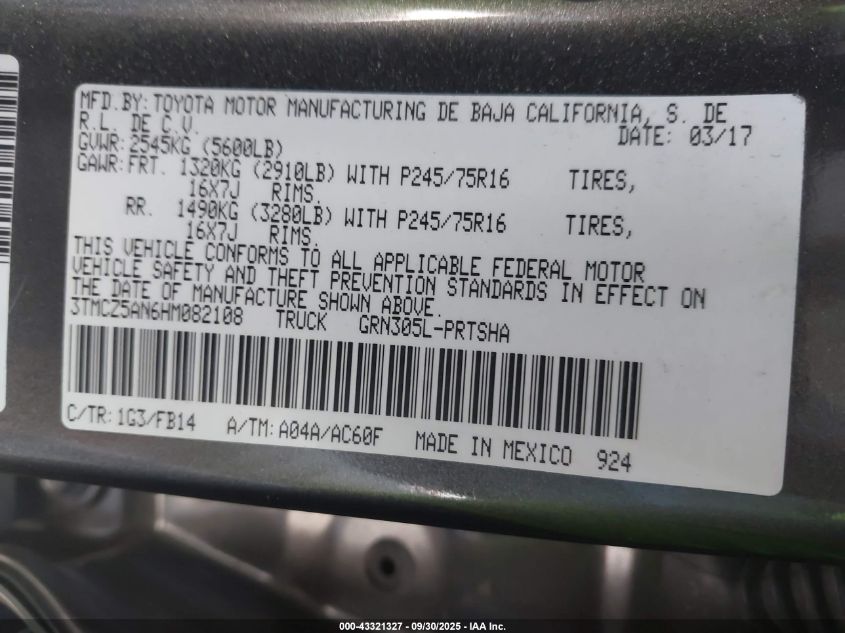 2017 Toyota Tacoma Sr V6 VIN: 3TMCZ5AN6HM082108 Lot: 43321327