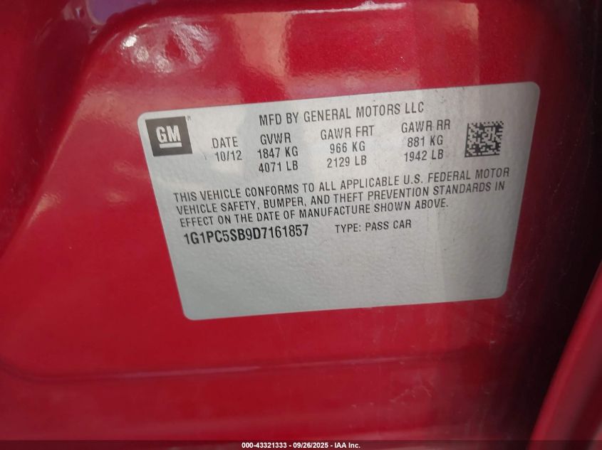 2013 Chevrolet Cruze 1Lt Auto VIN: 1G1PC5SB9D7161857 Lot: 43321333
