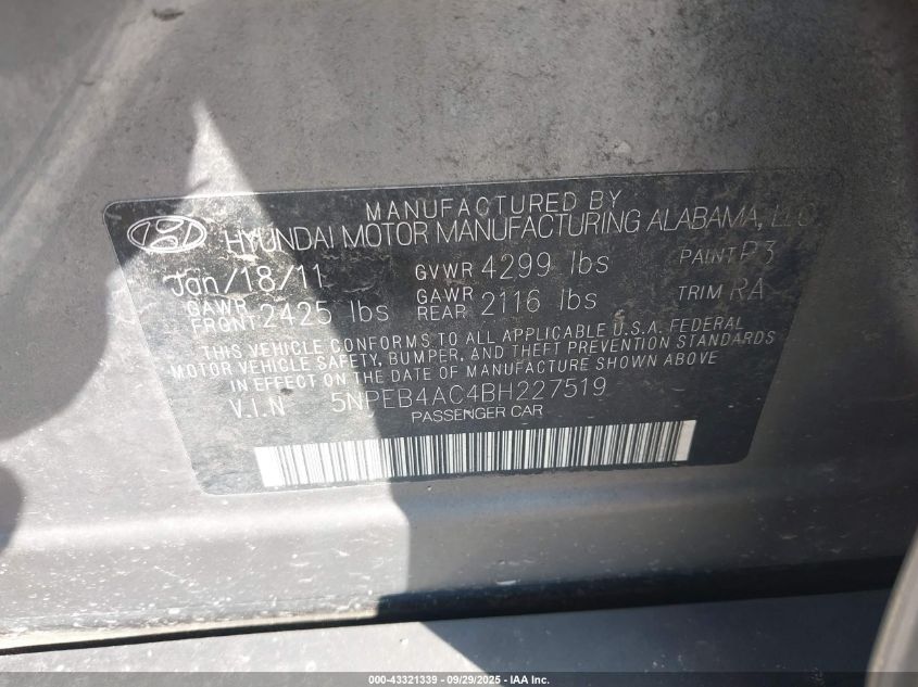 2011 Hyundai Sonata Gls VIN: 5NPEB4AC4BH227519 Lot: 43321339