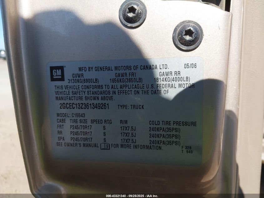 2006 Chevrolet Silverado 1500 Lt1 VIN: 2GCEC13Z361349261 Lot: 43321340