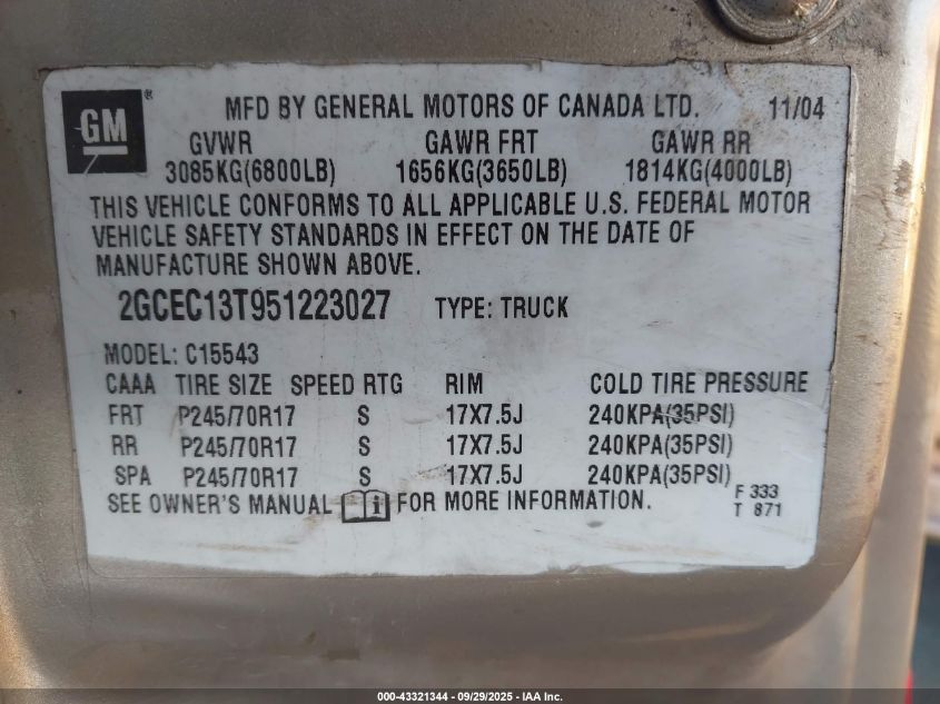 2005 Chevrolet Silverado 1500 Ls VIN: 2GCEC13T951223027 Lot: 43321344