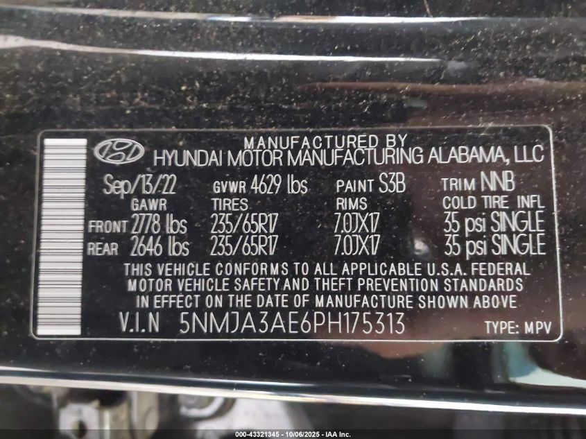 2023 Hyundai Tucson Se VIN: 5NMJA3AE6PH175313 Lot: 43321345