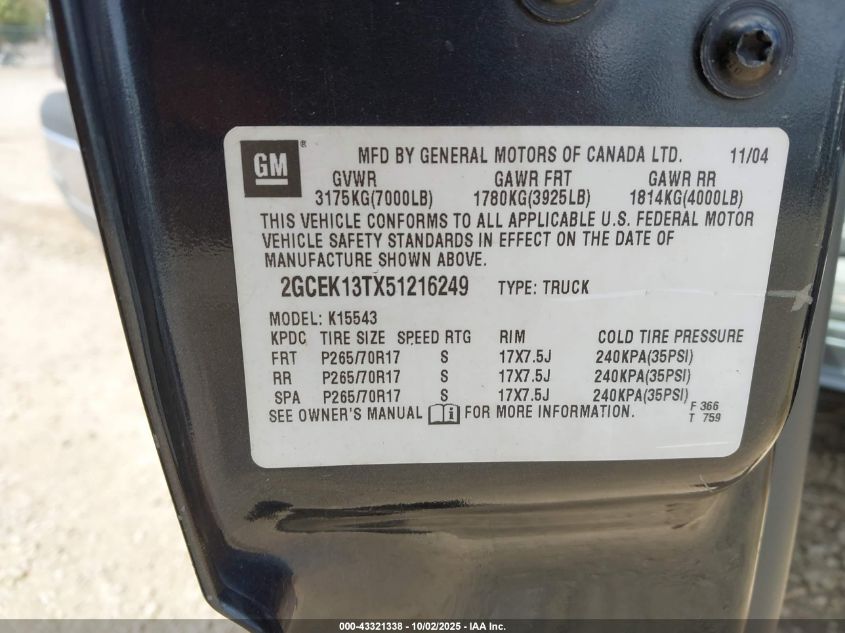 2005 Chevrolet Silverado 1500 Z71 VIN: 2GCEK13TX51216249 Lot: 43321338