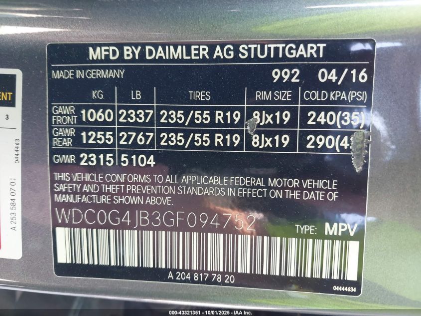 2016 Mercedes-Benz Glc 300 VIN: WDC0G4JB3GF094752 Lot: 43321351