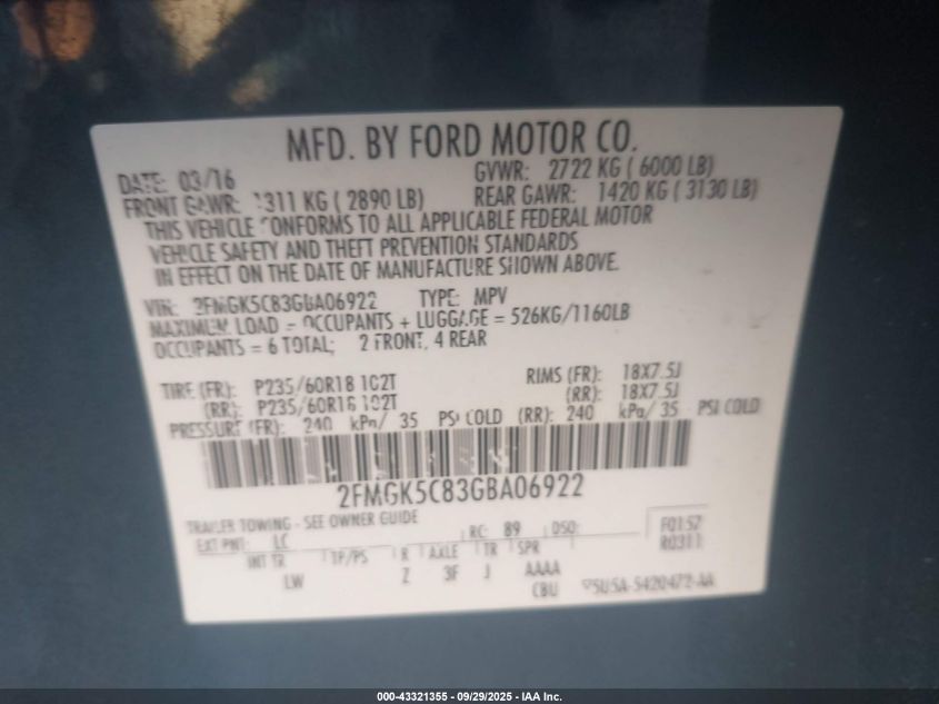 2016 Ford Flex Sel VIN: 2FMGK5C83GBA06922 Lot: 43321355