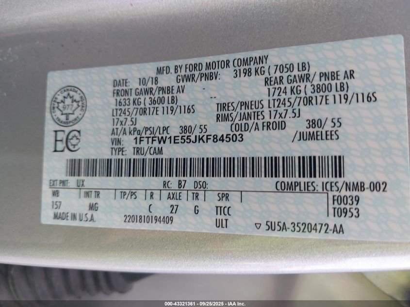 2018 Ford F-150 Xlt VIN: 1FTFW1E55JKF84503 Lot: 43321361