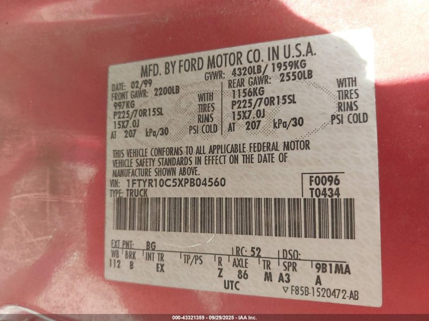 1999 Ford Ranger Xl/Xlt VIN: 1FTYR10C5XPB04560 Lot: 43321359
