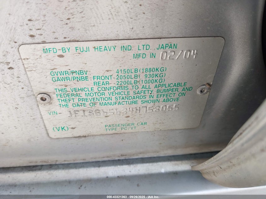 2004 Subaru Forester 2.5Xs VIN: JF1SG65684H758055 Lot: 43321363
