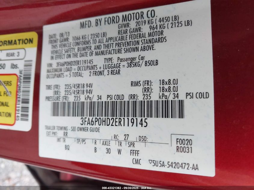 2014 Ford Fusion Se VIN: 3FA6P0HD2ER119145 Lot: 43321362