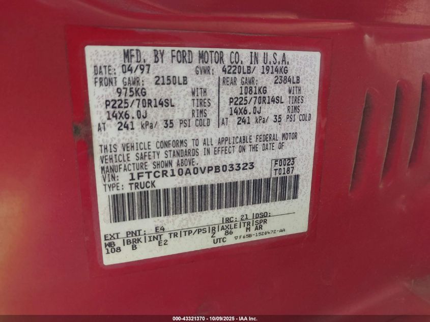 1997 Ford Ranger Splash/Xl/Xlt VIN: 1FTCR10A0VPB03323 Lot: 43321370