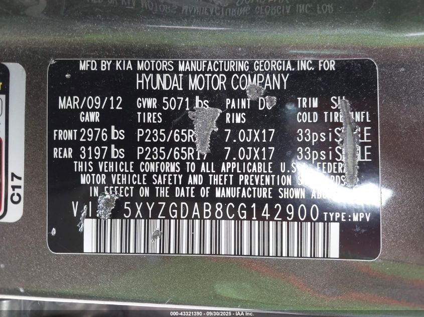 2012 Hyundai Santa Fe Gls VIN: 5XYZGDAB8CG142900 Lot: 43321390