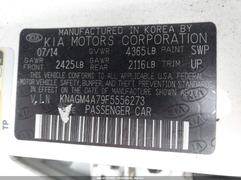 2015 Kia Optima Lx VIN: KNAGM4A79F5556273 Lot: 43321402