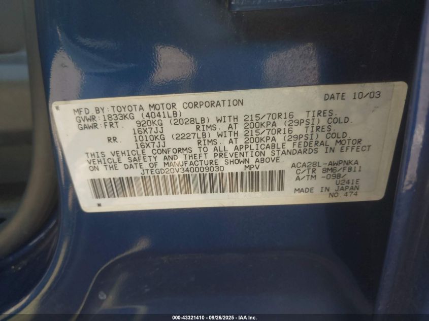 2004 Toyota Rav4 VIN: JTEGD20V340009030 Lot: 43321410