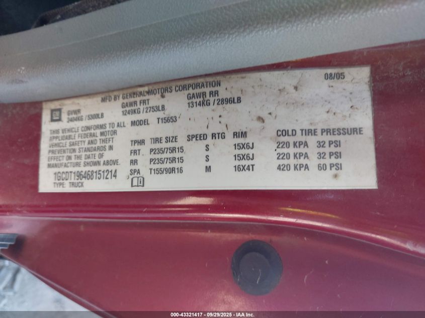 2006 Chevrolet Colorado Work Truck VIN: 1GCDT196468151214 Lot: 43321417