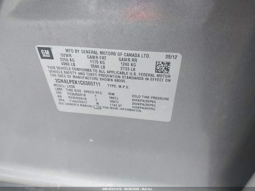 2012 Chevrolet Equinox 2Lt VIN: 2GNALPEK1C6365711 Lot: 43321418