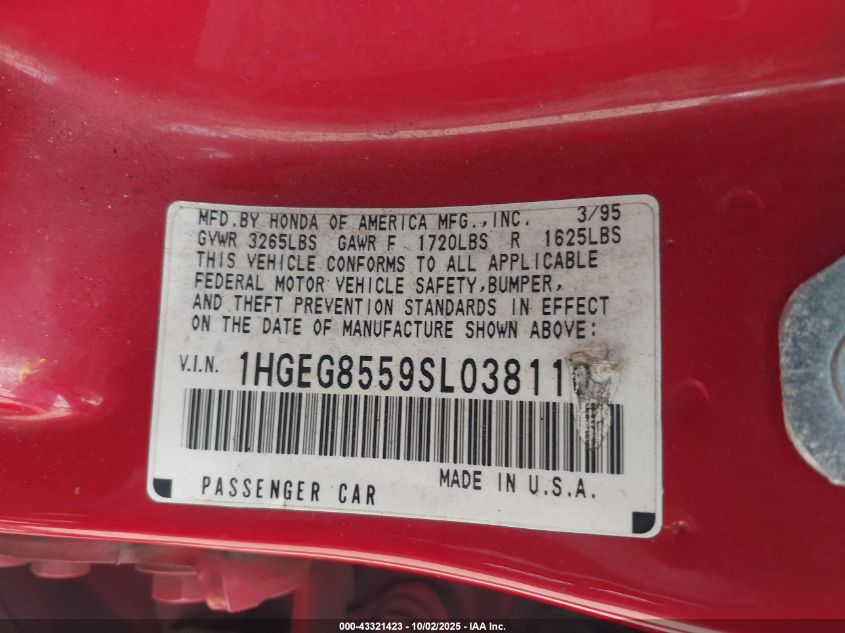 1995 Honda Civic Lx VIN: 1HGEG8559SL038110 Lot: 43321423