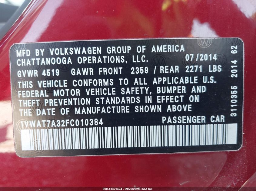 2015 Volkswagen Passat 1.8T S VIN: 1VWAT7A32FC010384 Lot: 43321424