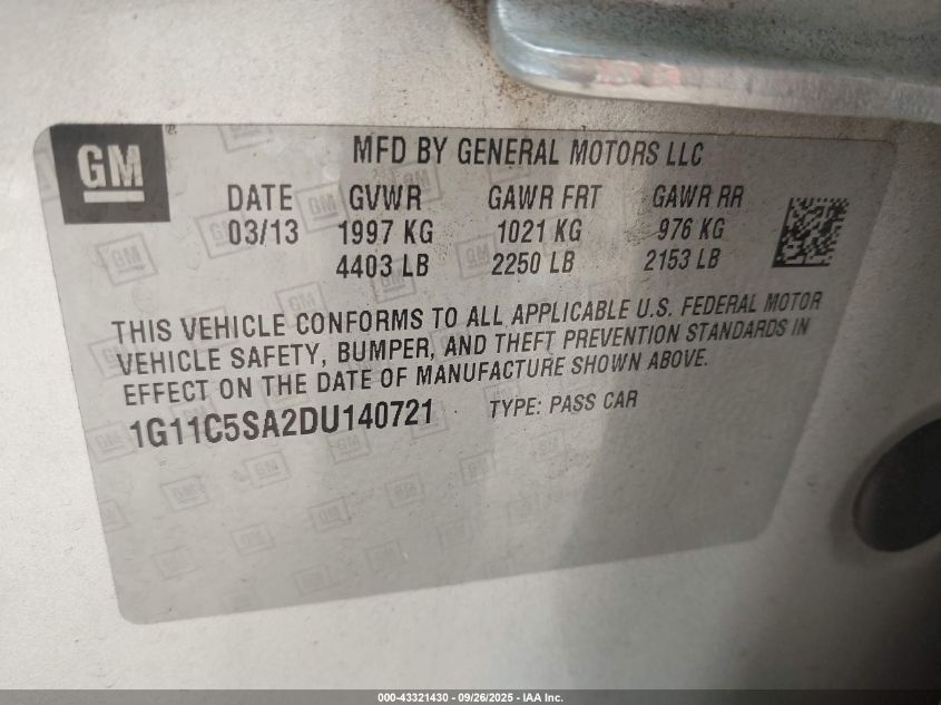 2013 Chevrolet Malibu 1Lt VIN: 1G11C5SA2DU140721 Lot: 43321430