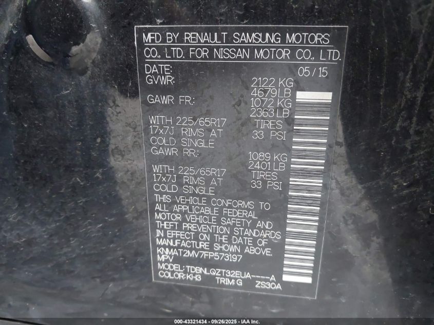 2015 Nissan Rogue Sv VIN: KNMAT2MV7FP573197 Lot: 43321434