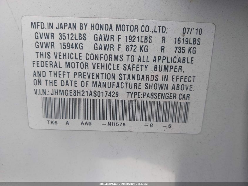 2010 Honda Fit VIN: JHMGE8H21AS017429 Lot: 43321446