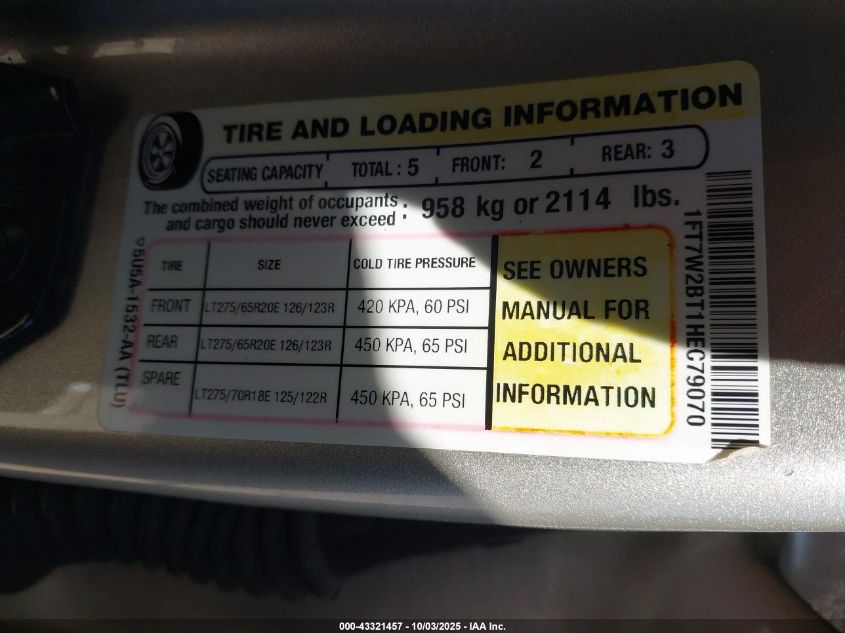 2017 Ford F-250 Lariat VIN: 1FT7W2BT1HEC79070 Lot: 43321457