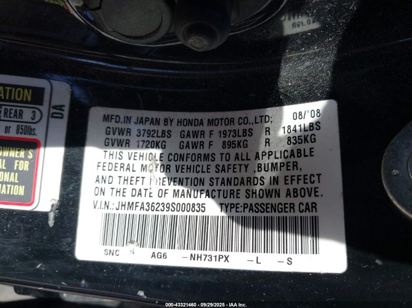 2009 Honda Civic Hybrid VIN: JHMFA36239S000835 Lot: 43321460