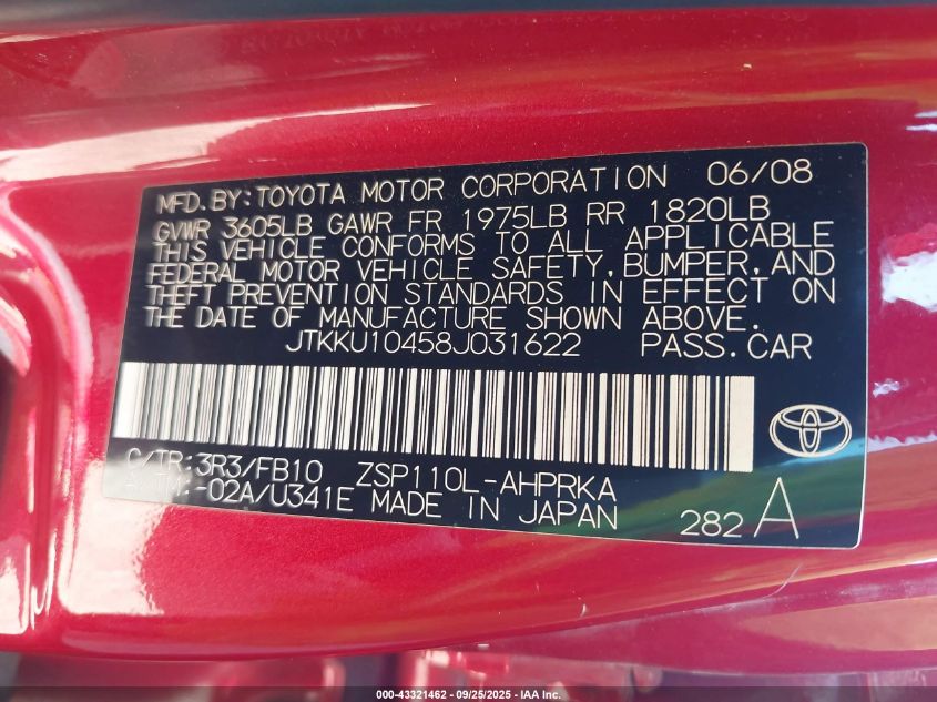 2008 Scion Xd VIN: JTKKU10458J031622 Lot: 43321462