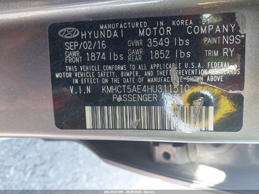 2017 Hyundai Accent Se VIN: KMHCT5AE4HU311510 Lot: 43321469