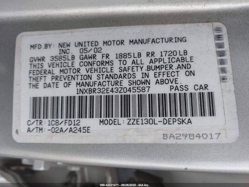 2003 Toyota Corolla S VIN: 1NXBR32E43Z045587 Lot: 43321471